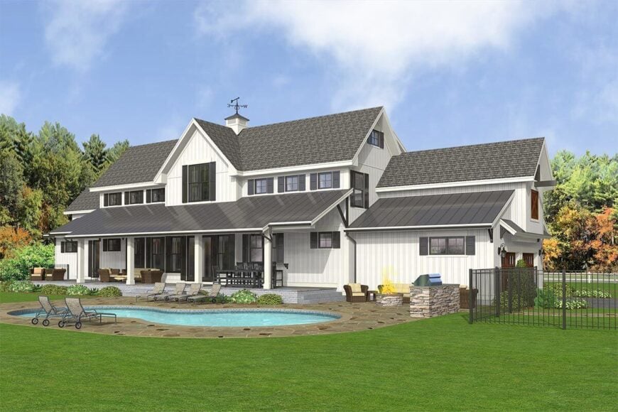 Rear-left rendering of the 5-bedroom two-story modern country farmhouse.