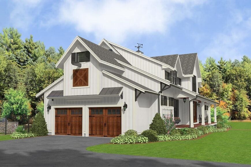 Left rendering of the 5-bedroom two-story modern country farmhouse.