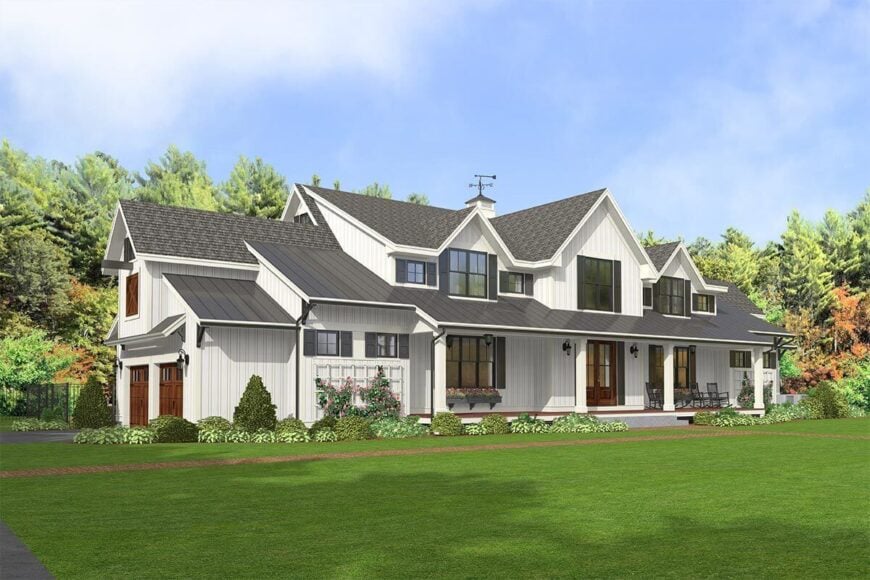 Front-left rendering of the 5-bedroom two-story modern country farmhouse.