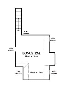 Bonus level floor plan with attic storage and a staircase leading down the main floor.