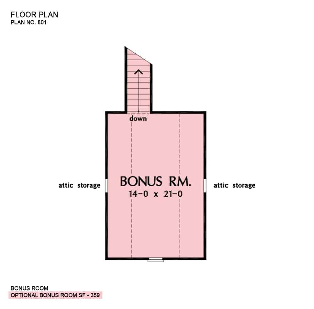 Bonus room floor plan showing the attic storage and a staircase leading down the main level.