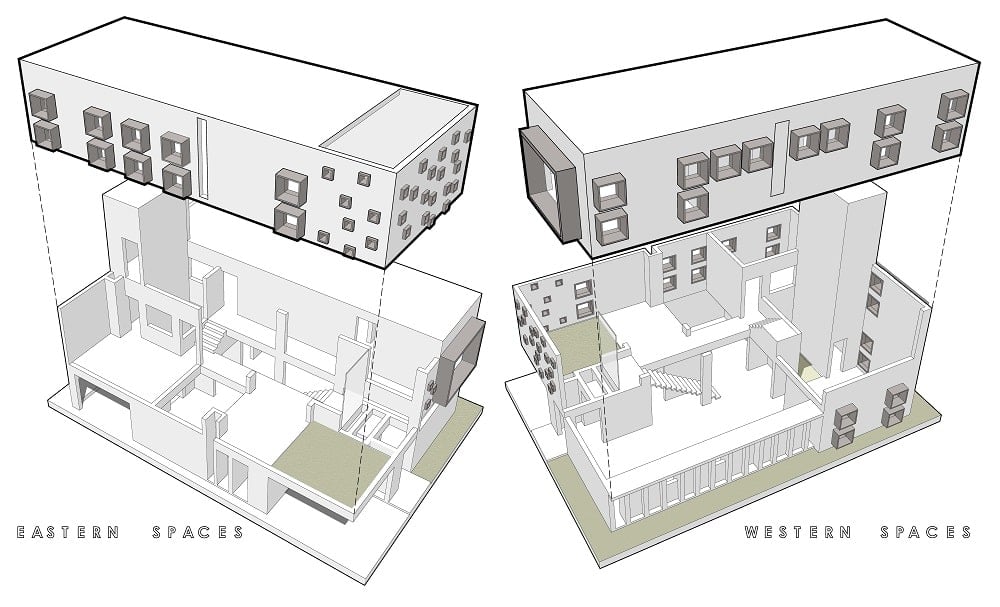 This is an illustration of the house's eastern and western spaces isolated.