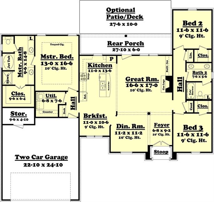 Entire floor plan of a single-story 3-bedroom Acadian home with foyer, great room, formal dining room, kitchen with breakfast nook, utility room, back porch, and double garage with storage space.
