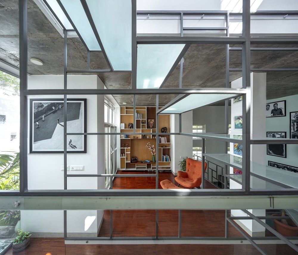 This is another look at the reading area from the vantage of the staircase that has frosted glass steps.