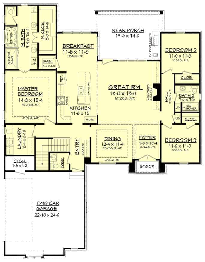 Main level floor plan of a 3-bedroom single-story Acadian home with foyer, great room that extends onto the rear porch, formal dining room, kitchen, breakfast nook, laundry room, and three bedrooms including the primary suite.