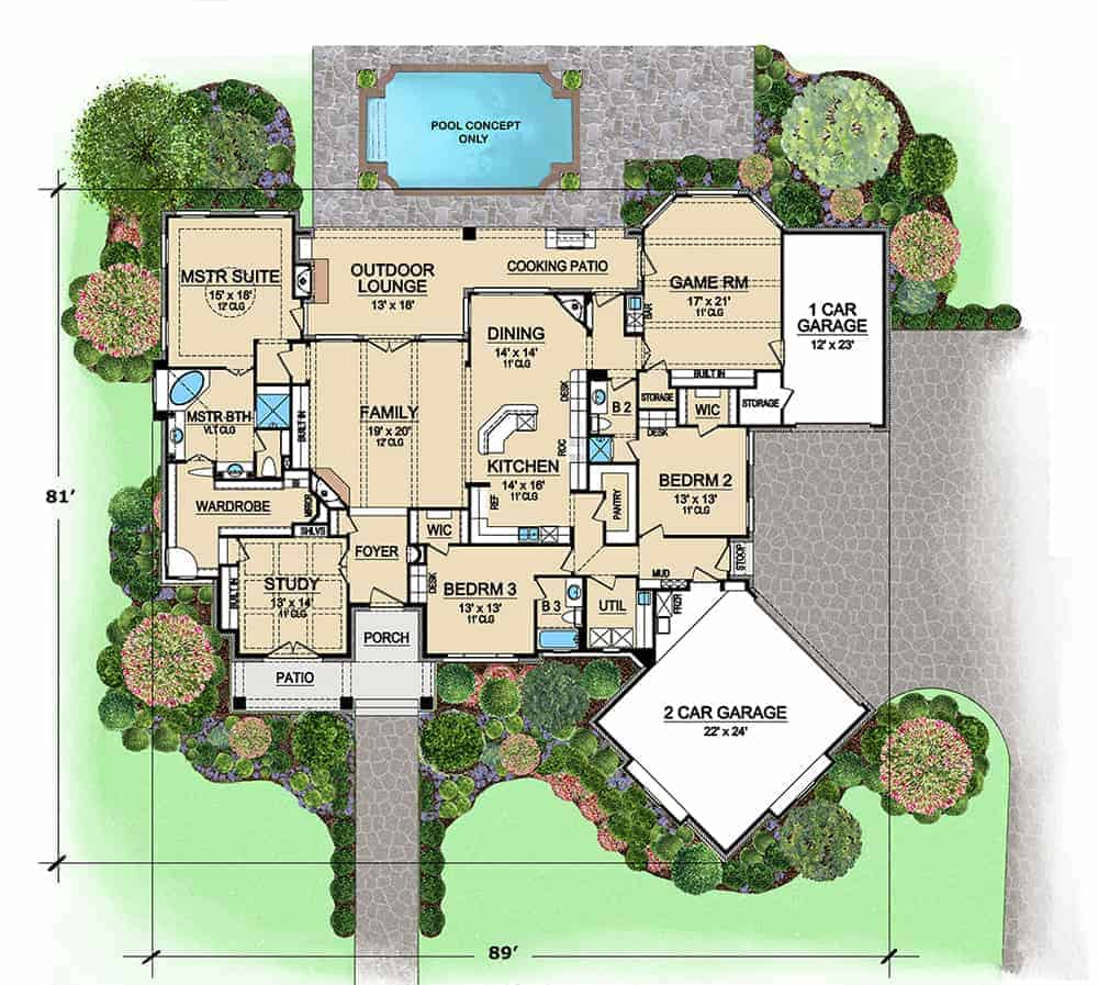 Entire floor plan of a 3-bedroom single-story Acadian home with front and rear porches, foyer, family room, dining area, kitchen, game room, study, and split garages.