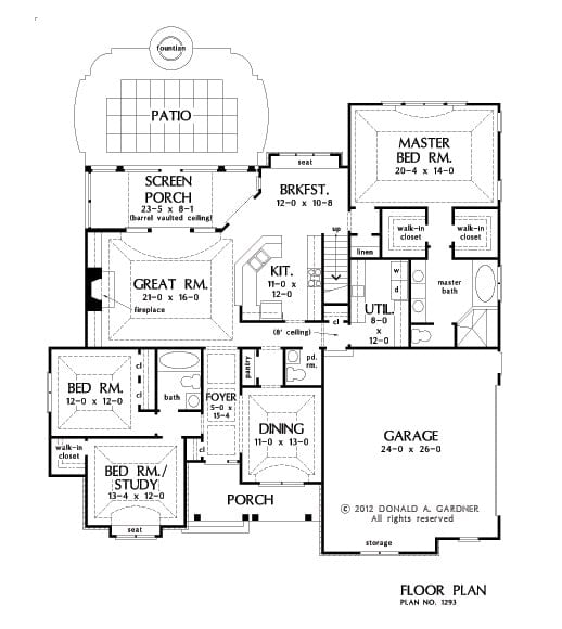 Main level floor plan of a 3-bedroom single-story The Becker English cottage with foyer, great room, formal dining room, kitchen with breakfast nook, utility room, three bedrooms, and a vaulted screened porch.