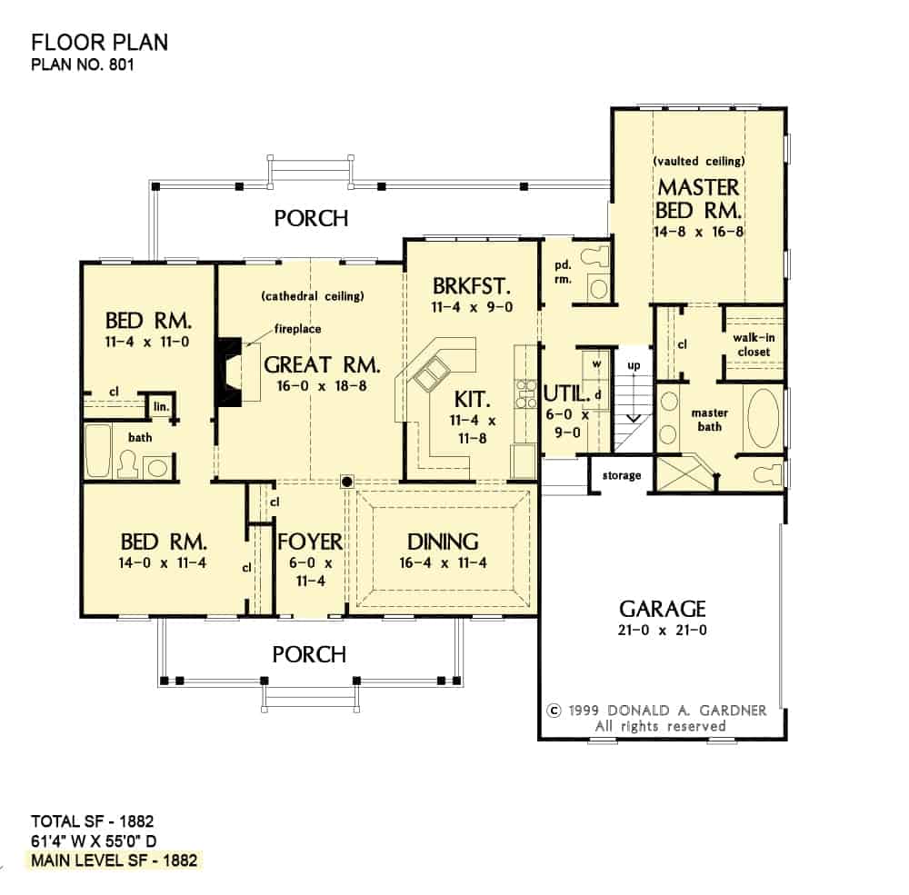 Main level floor plan of a single-story 3-bedroom The Cartwright cottage with front and rear porches, foyer, great room, kitchen with breakfast nook, formal dining room, and utility room leading to the side-loading garage.