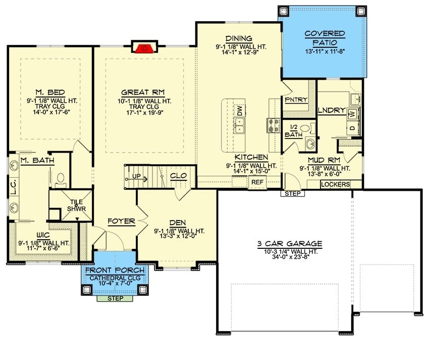 Main level floor plan of a two-story 4-bedroom New American home with front and rear porches, foyer, great room, kitchen, dining area, den, primary bedroom, laundry, and mudroom that opens to the 3-car garage.