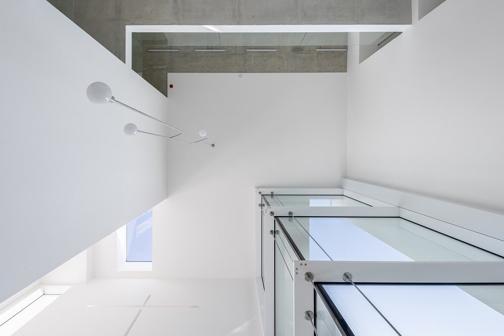 This is a look at the elevator shaft with glass walls from the vantage of the lobby.