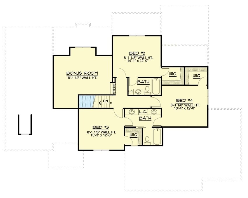 Second level floor plan with three bedrooms, two baths, and a large bonus room.