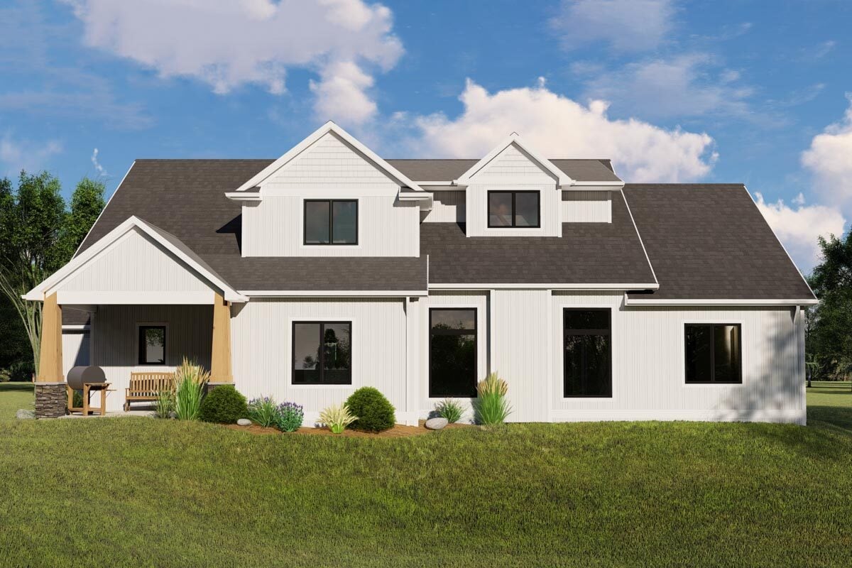 Rear rendering of the two-story 4-bedroom New American home.
