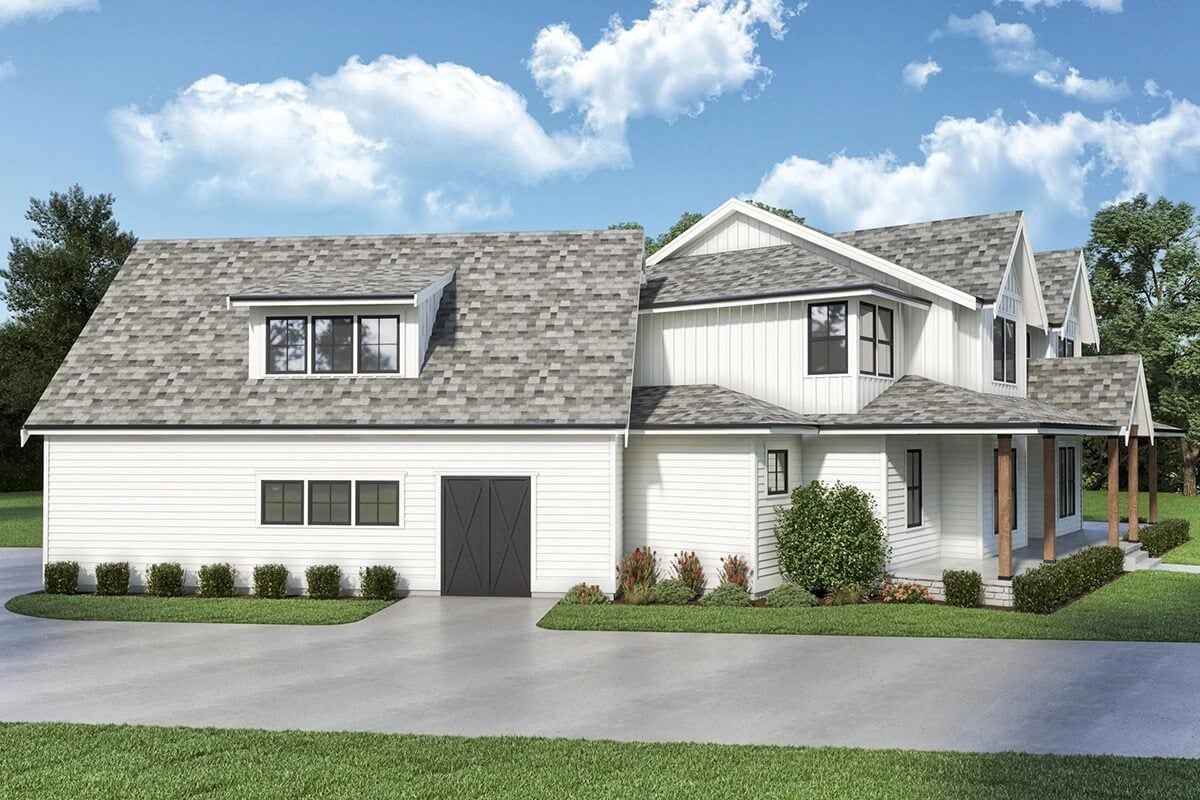 Left rendering of the two-story 5-bedroom farmhouse.