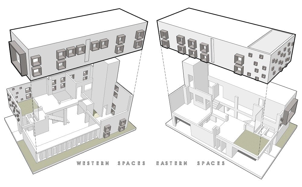 This is an illustration of the house's eastern and western spaces isolated.