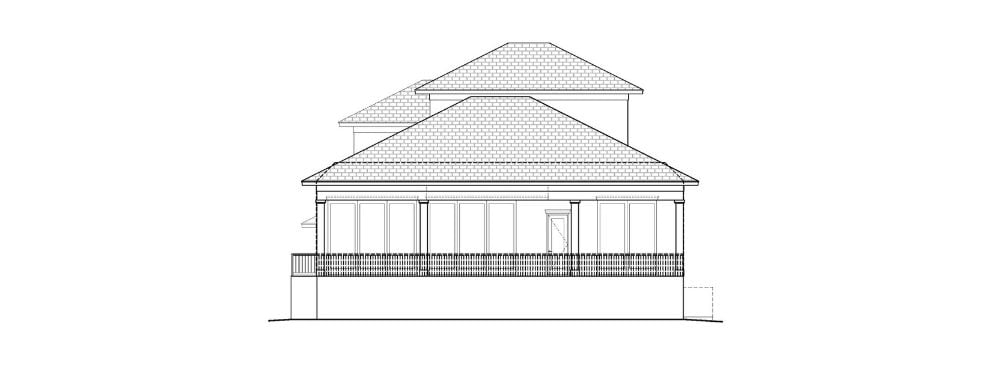 Rear elevation sketch of the 3-bedroom two-story contemporary European home.