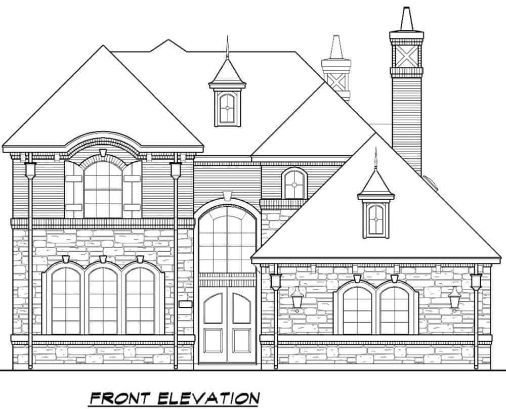 Front elevation sketch of the 4-bedroom two-story Mediterranean home.