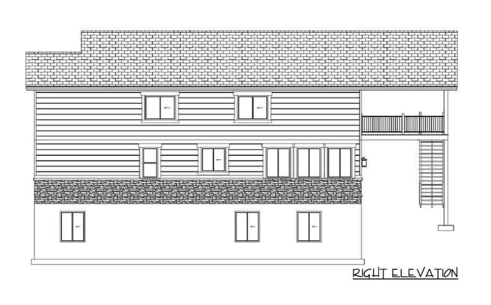 Right elevation sketch of the 4-bedroom two-story modern farmhouse.