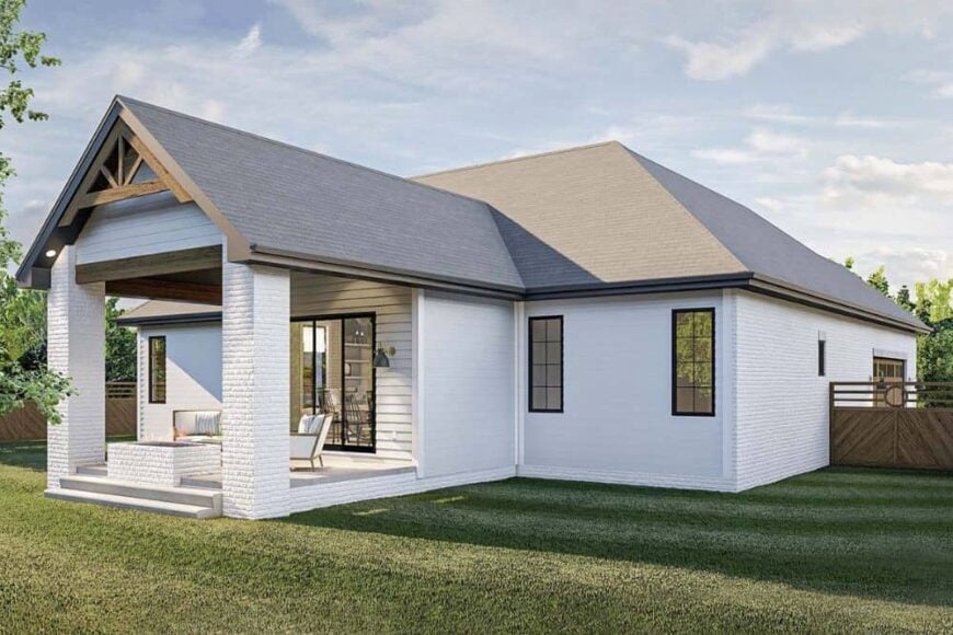 Rear-left rendering of the 5-bedroom single-story craftsman style home.