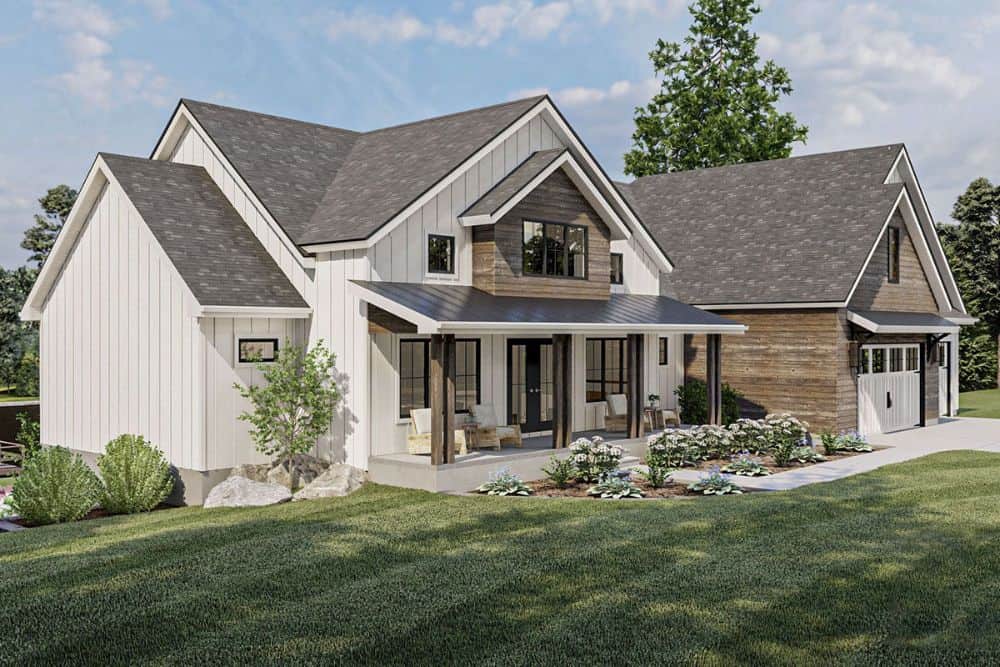 Left rendering of the 5-bedroom two-story New American home.
