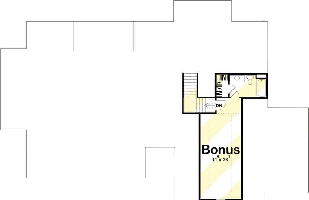Second level floor plan with a bonus room complete with a full bath and walk-in closet.