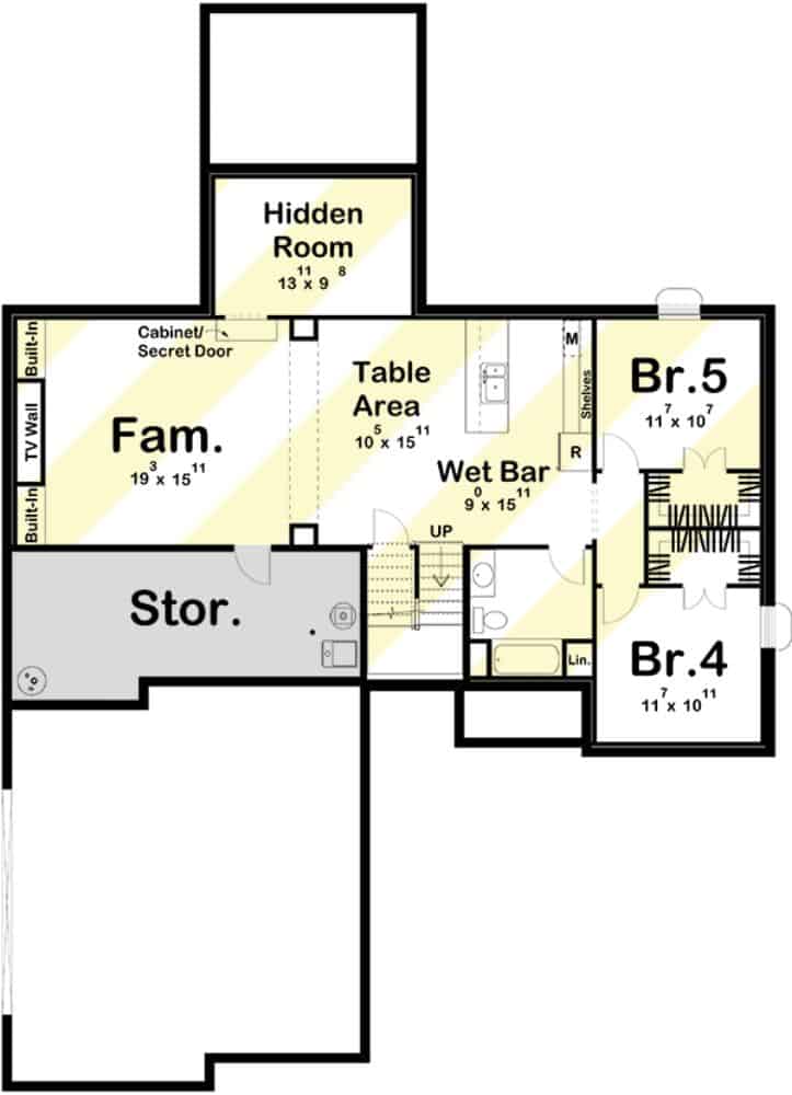 Lower level floor plan with two additional bedrooms, a family room with a hidden room, and a table area with a fun wet bar.