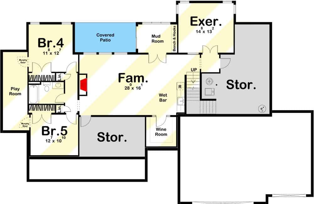 Lower level floor plan with two bedrooms, exercise room, family room with wet bar and wine room, and a mudroom that opens to the rear patio.