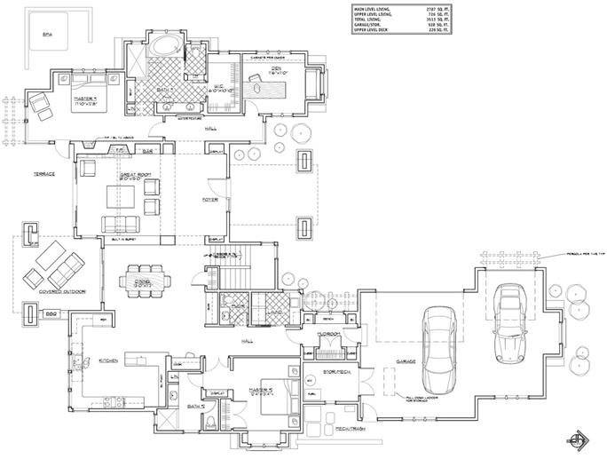 Main level floor plan of a 4-bedroom two-story contemporary home with front and rear porches, foyer, great room, kitchen, dining room, and two primary suites.