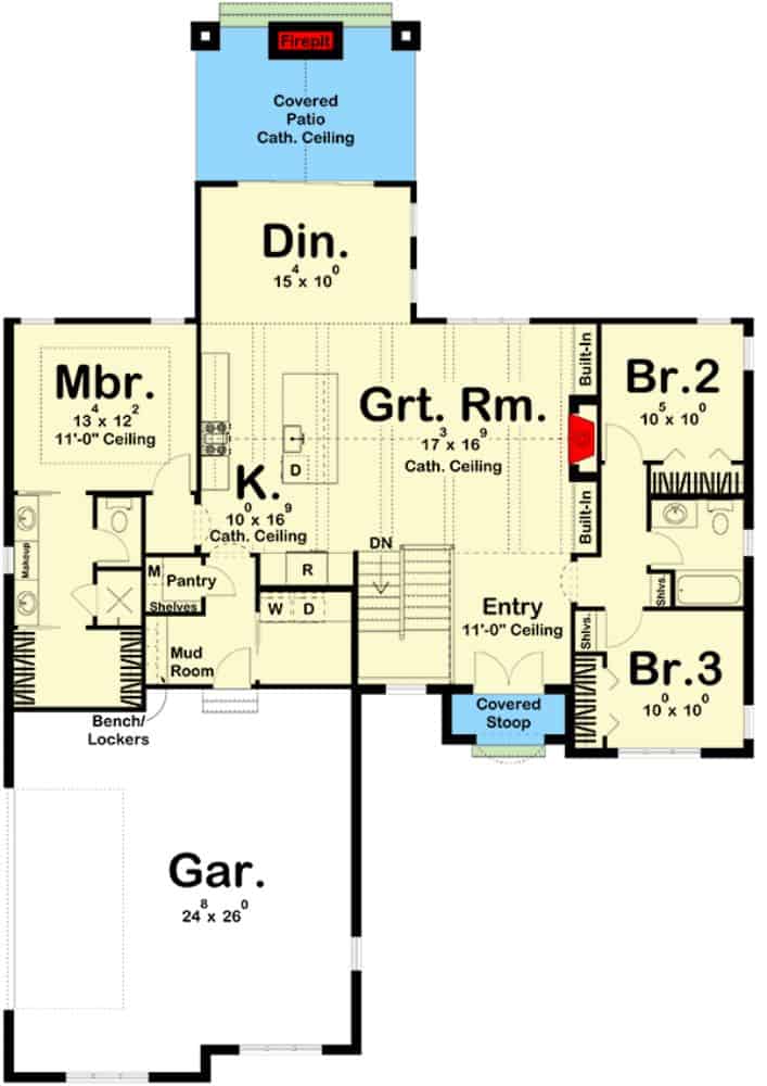 Main level floor plan of a 5-bedroom single-story craftsman style home with covered entry, great room, kitchen, dining area that extends to the rear patio, mudroom leading to the garage, and 3 bedrooms including the primary suite.