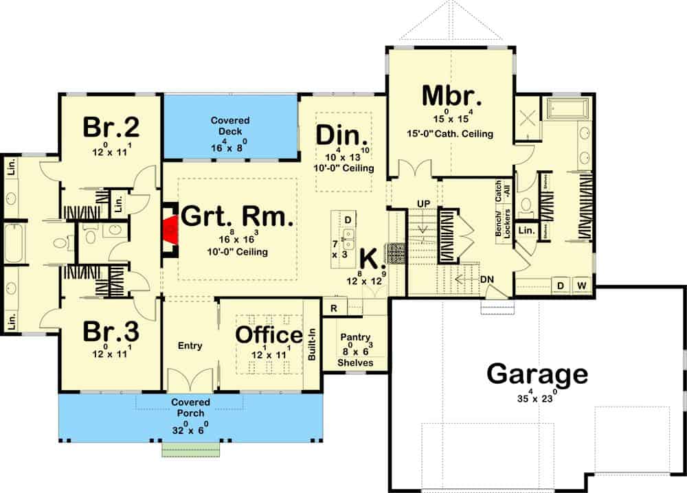 Main level floor plan of a 5-bedroom two-story New American home with front and rear porches, entry, office, great room, kitchen, dining area, and three bedrooms including the primary suite.