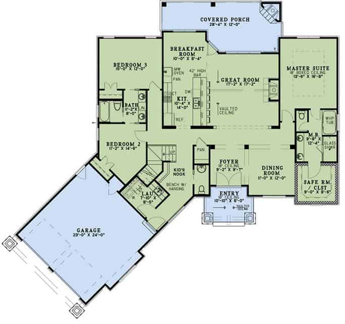 Main level floor plan of a single-story 3-bedroom bungalow ranch with front and rear porches, foyer, formal dining room, great room, kitchen with breakfast nook, kid's nook, laundry room, and angled garage.