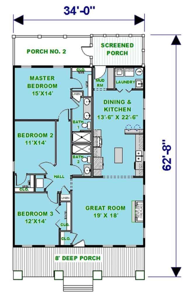 Main level floor plan of a single-story 3-bedroom country style ranch with front and rear porches, great room, combined dining and kitchen, and three bedrooms including the primary suite.