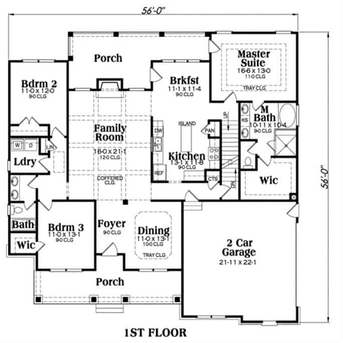 Main level floor plan of a two-story 3-bedroom craftsman home with front and rear porches, foyer, formal dining room, family room, kitchen, breakfast nook, laundry room, and three bedrooms including the primary suite.