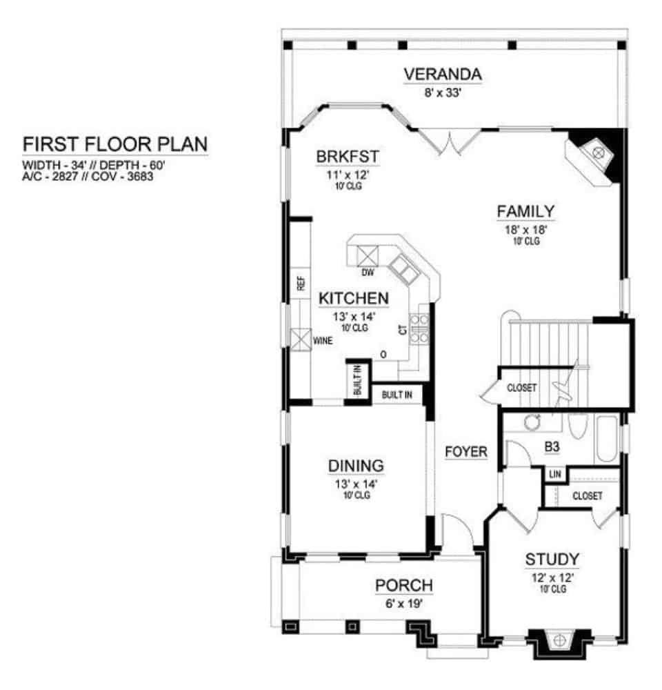 Main level floor plan of a two-story 3-bedroom traditional home with front and rear porches, foyer, study, formal dining room, family room, and kitchen with bayed breakfast nook.