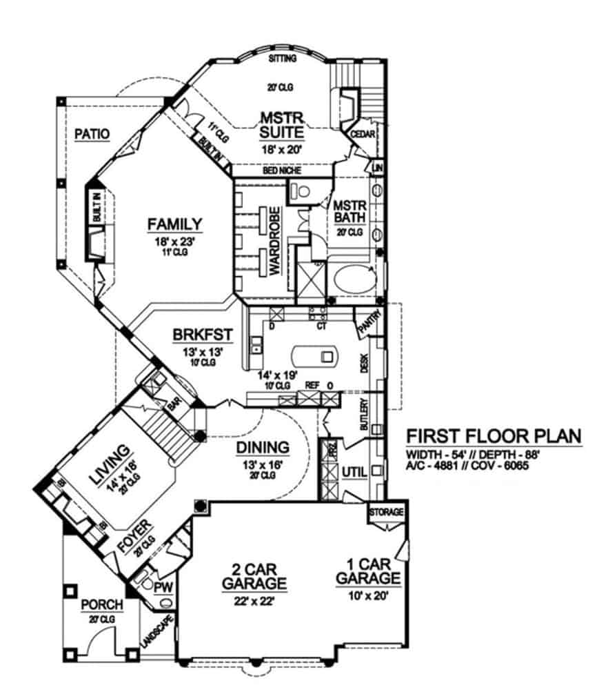 Main level floor plan of a two-story 4-bedroom Mediterranean home with foyer, living room, formal dining room, breakfast room, kitchen, family room, primary suite, and utility room that connects to the 3-car garage.