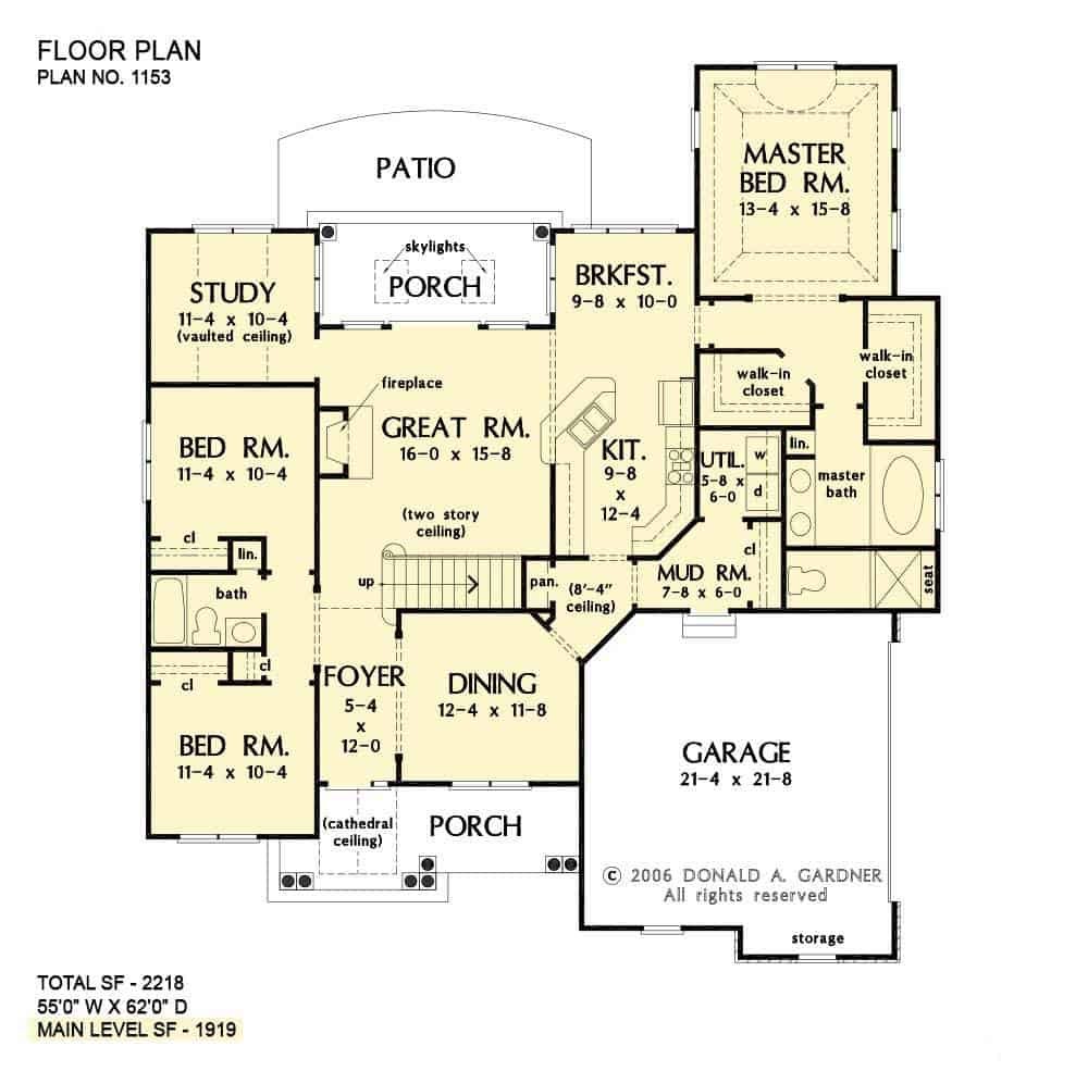 Main level floor plan of a two-story 4-bedroom The Valmead Park traditional home with front and rear porches, foyer, great room, formal dining room, kitchen, breakfast nook, study, and three bedrooms including the primary suite.