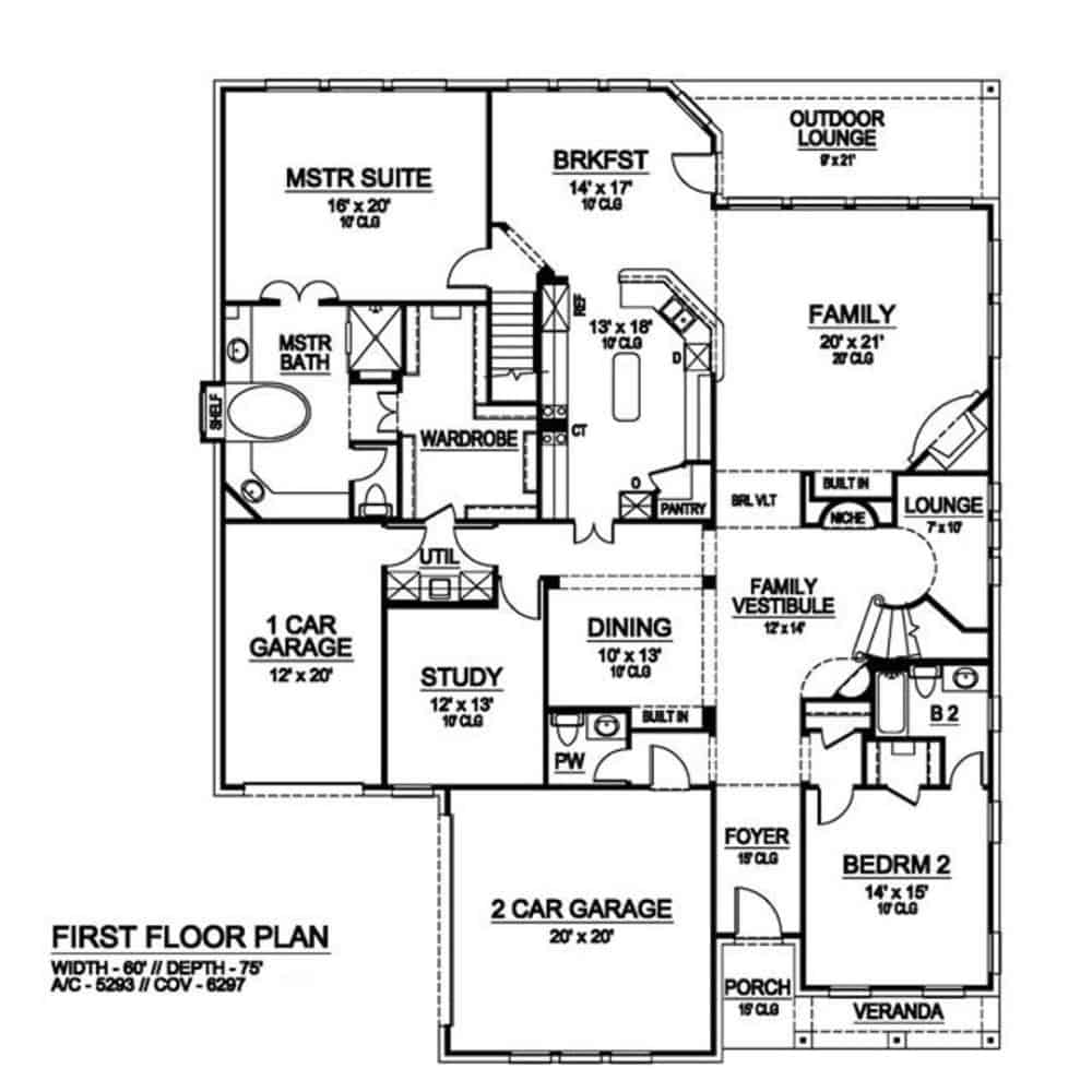 Main level floor plan of a two-story 5-bedroom European style home with front and rear porches, foyer, den, family room, kitchen, formal dining room, breakfast area, study, and two bedrooms including the primary suite.