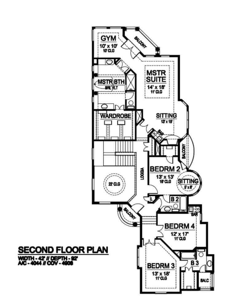 Second level floor plan with three family bedrooms and a primary suite complete with a gym and balcony.