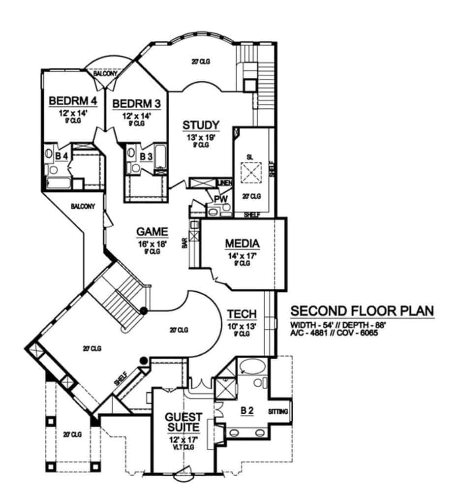 Second level floor plan with three bedrooms, media room, study, tech room, and game room with wet bar.