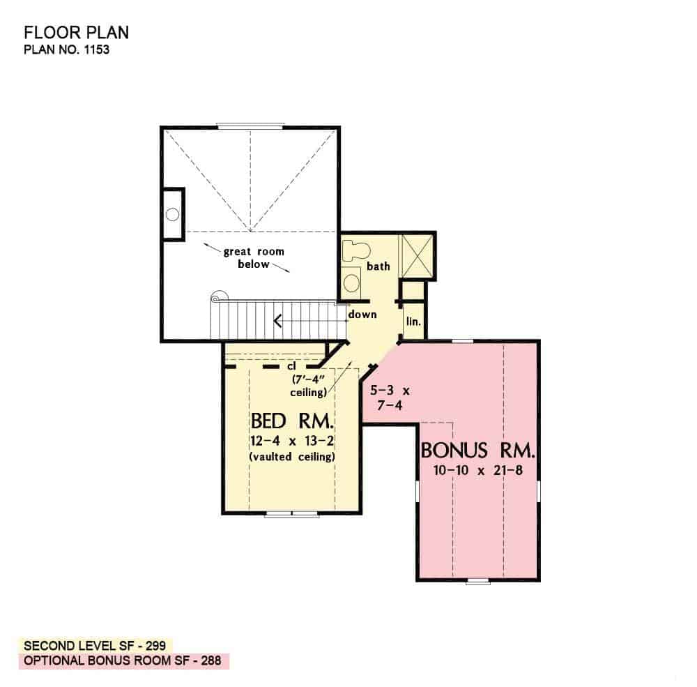 Second level floor plan with a bedroom, a full bath, and a bonus room.
