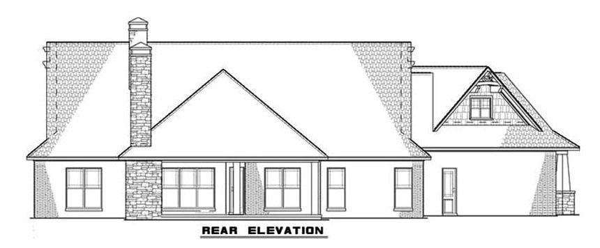 Rear elevation sketch of the single-story 3-bedroom bungalow ranch.