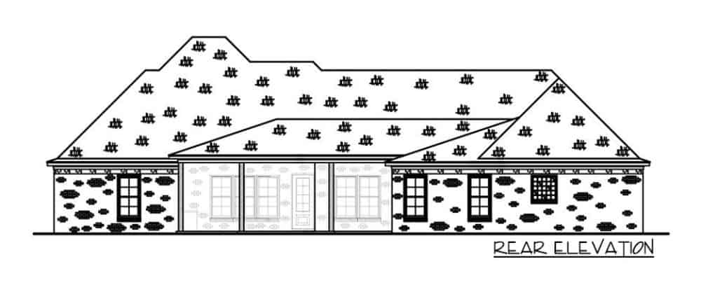 Rear elevation sketch of the single-story 4-bedroom brick-clad Acadian home.