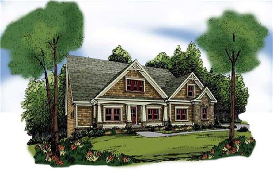 Colored front perspective sketch of the two-story 3-bedroom craftsman home.