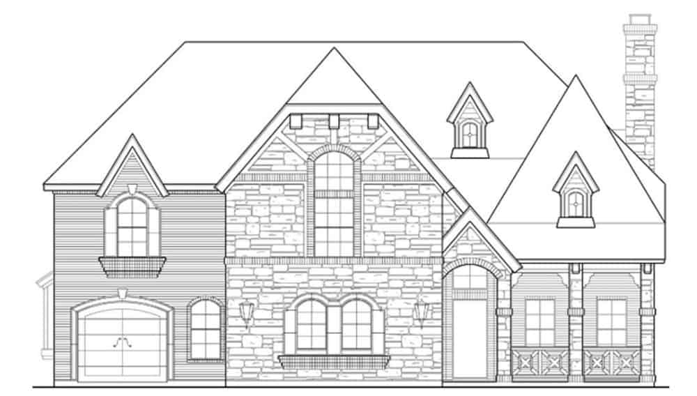 Front elevation sketch of the two-story 5-bedroom European style home.