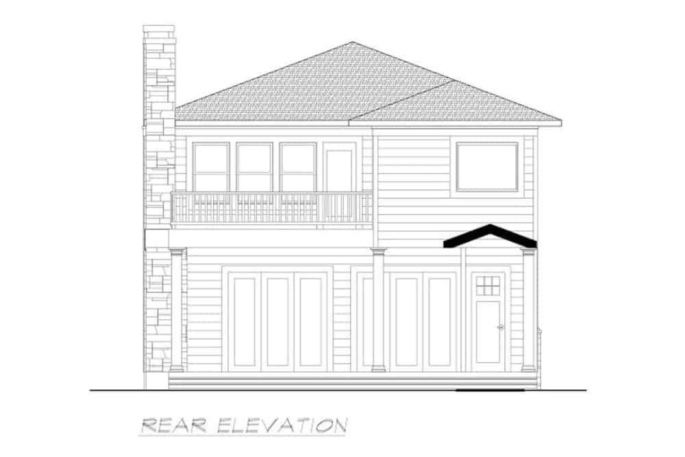 Rear elevation sketch of the 3-bedroom two-story Southwestern home.