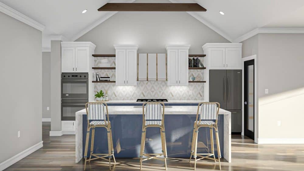 The kitchen offers white cabinets, slate appliances, and a blue center island paired with striped counter chairs.