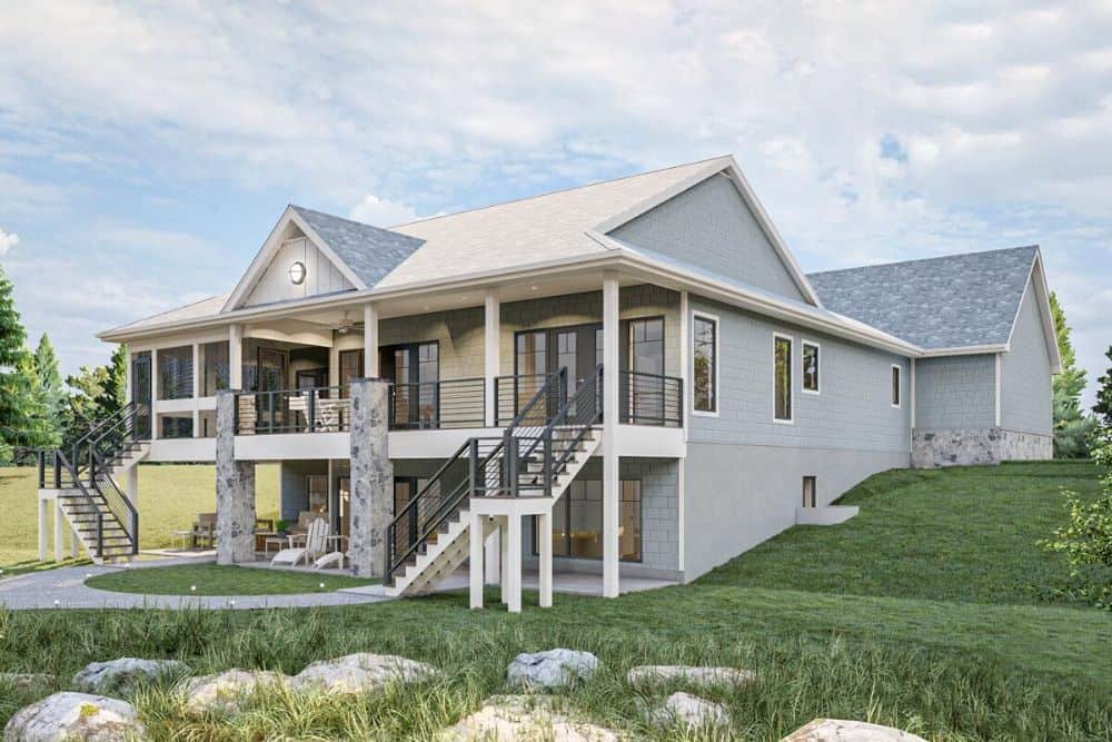 Rear-left rendering of the 4-bedroom single-story waterfront country craftsman.