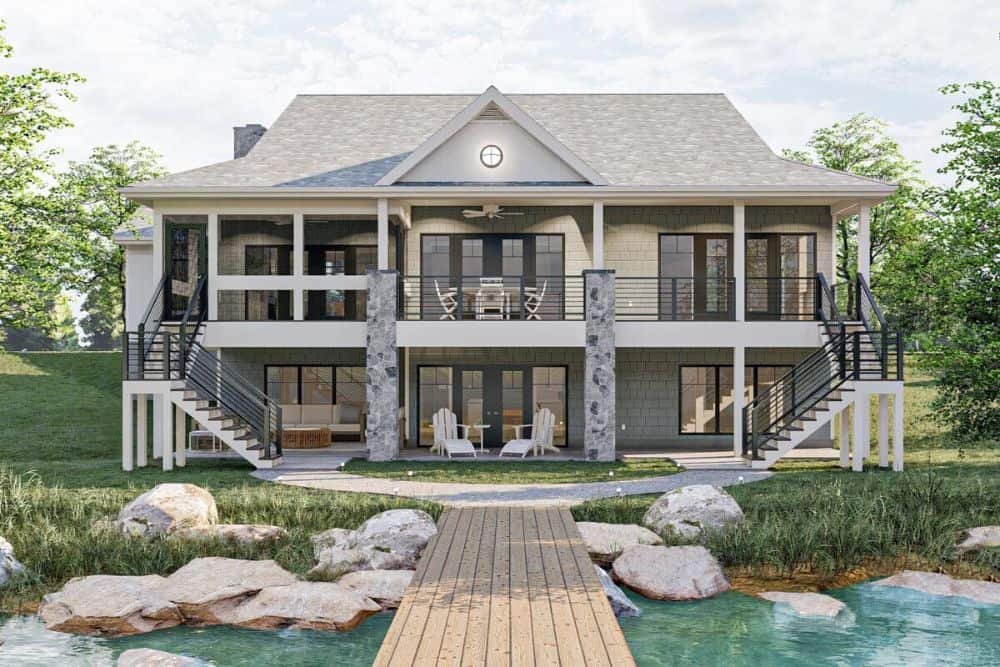 Rear rendering of the 4-bedroom single-story waterfront country craftsman.
