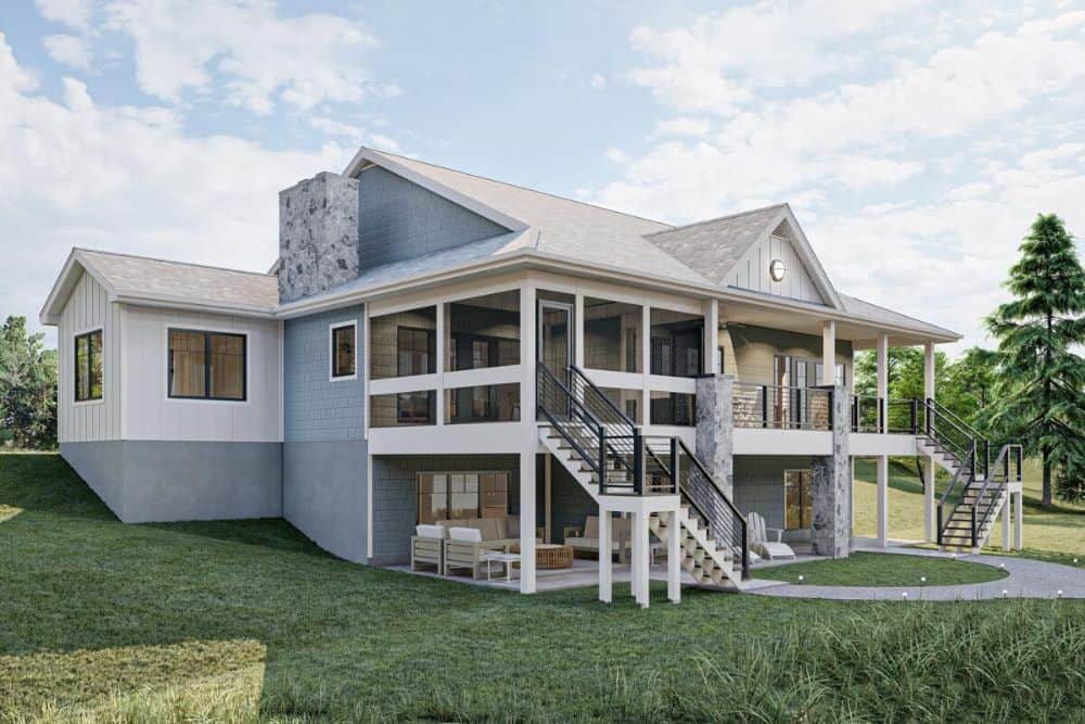 Rear-right rendering of the 4-bedroom single-story waterfront country craftsman.