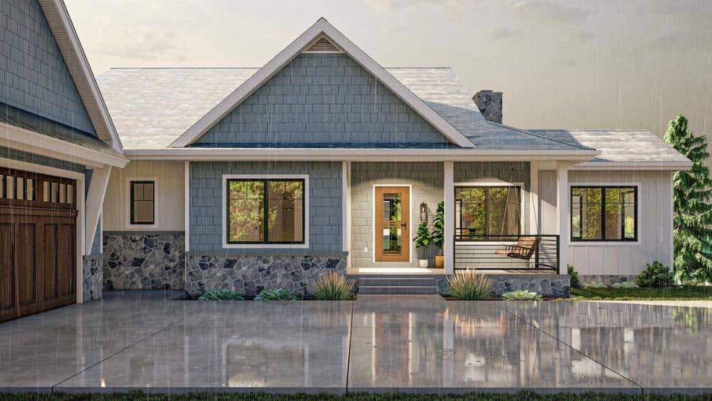 Front rendering of the 4-bedroom single-story waterfront country craftsman.