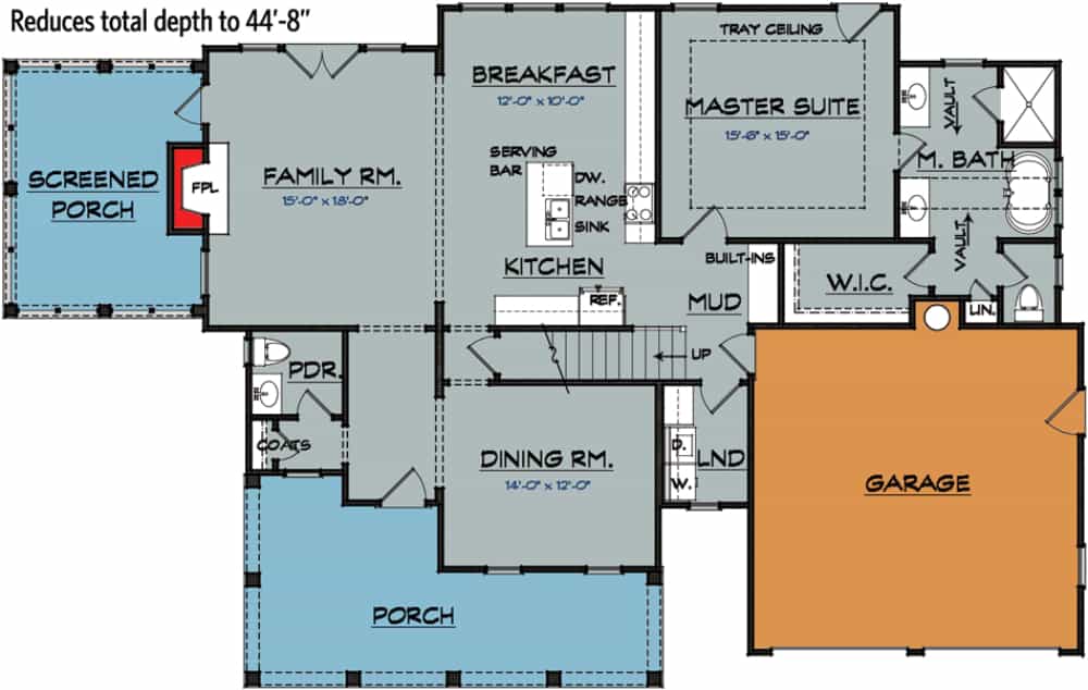 Main level floor plan with front-facing garage option.
